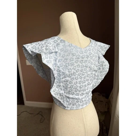 Koch Light Blue Floral Cropped Square Neck Flutter Sleeve Blouse S - Picture 3 of 6